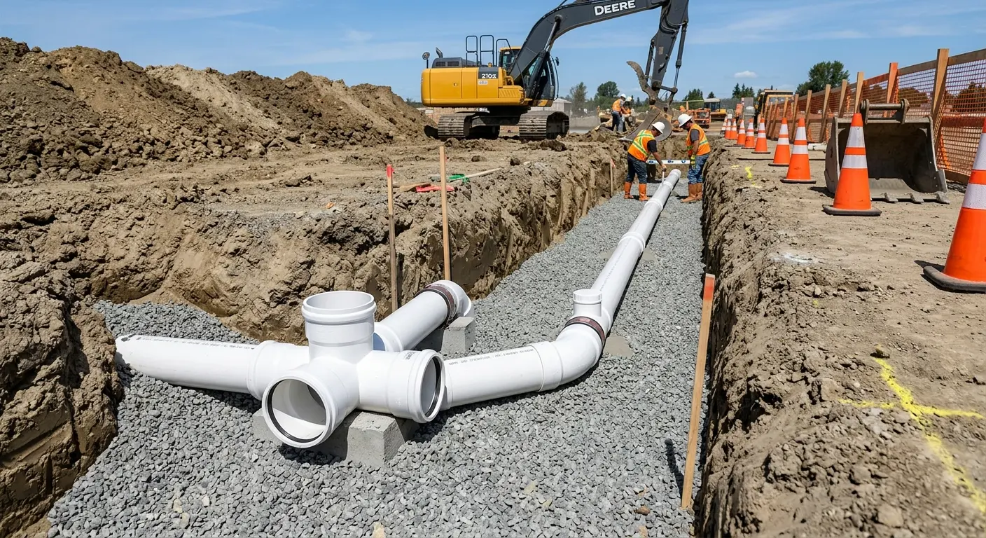 New PVC sewer pipe installation in open trench for Sewer Backup in Adel