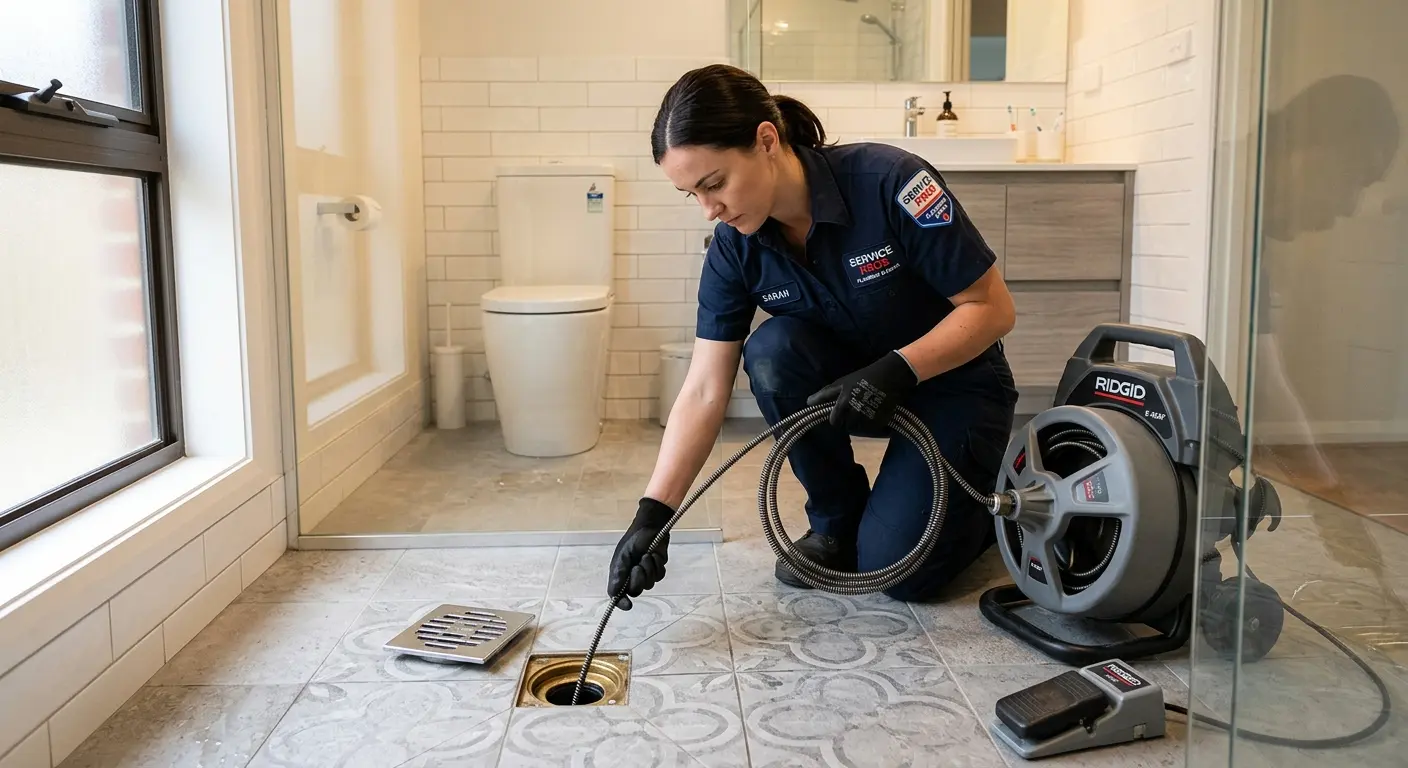 Technician clearing a bathroom floor drain for Sewer Line Replacement in Adel